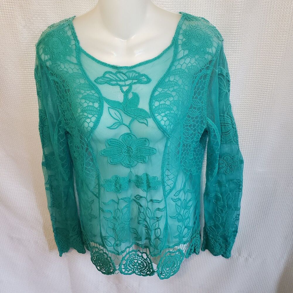 Love Couture Sz M Lace Sheer Boho Tunic Blouse Cover Up Floral Embroidered Y2K